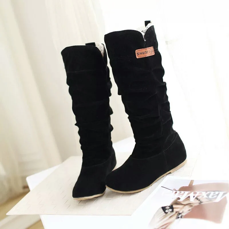 Women's Western Lace Mid-Calf Boots - Crinkle Suede Slouch Cowboy Boots