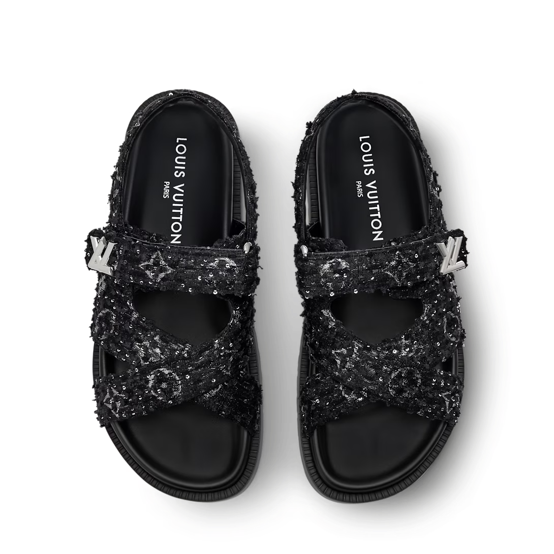 LV Sunset Flat Comfort Sandal Black Tweed Fabric