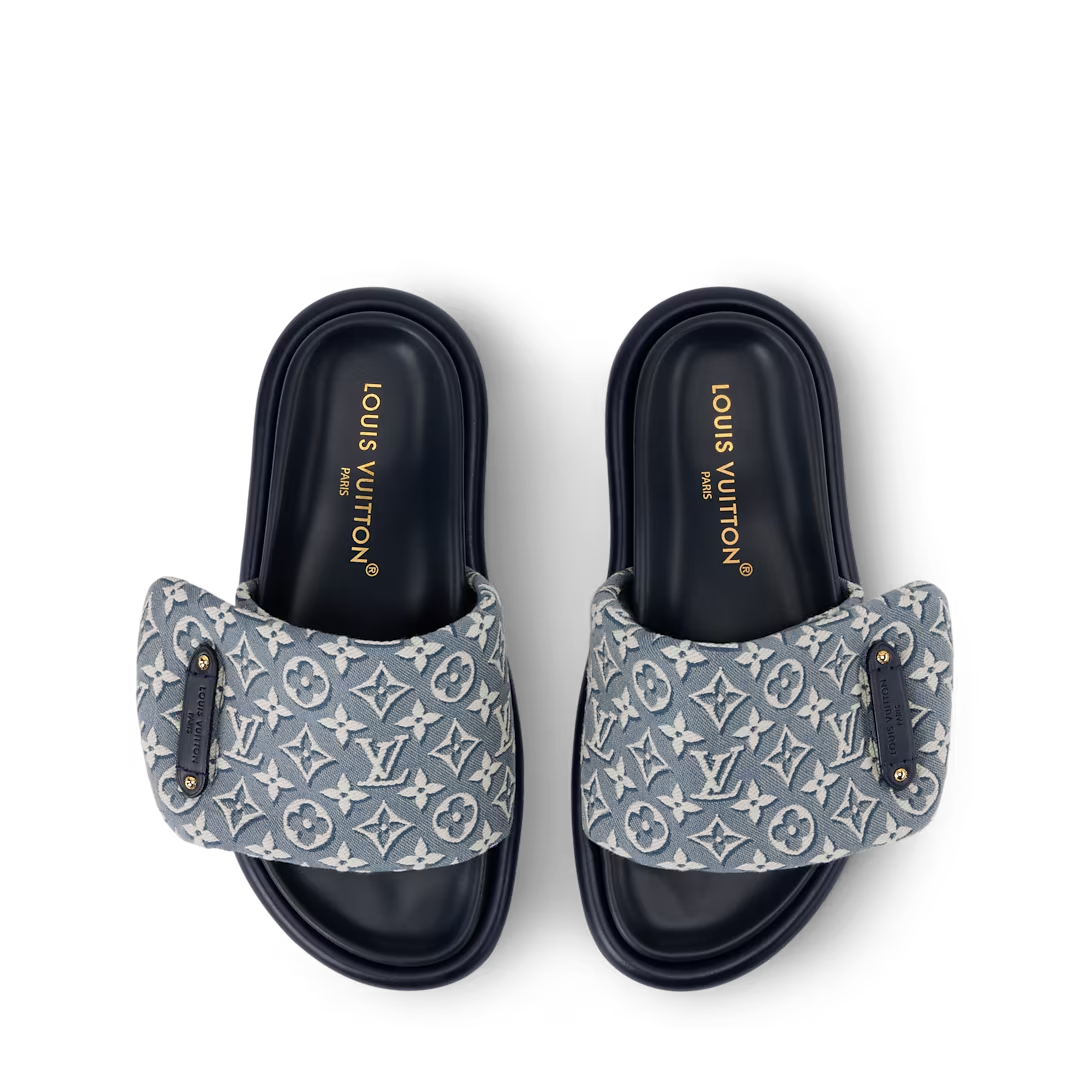 LV Pool Pillow Flat Comfort Mule Blue Jacquard