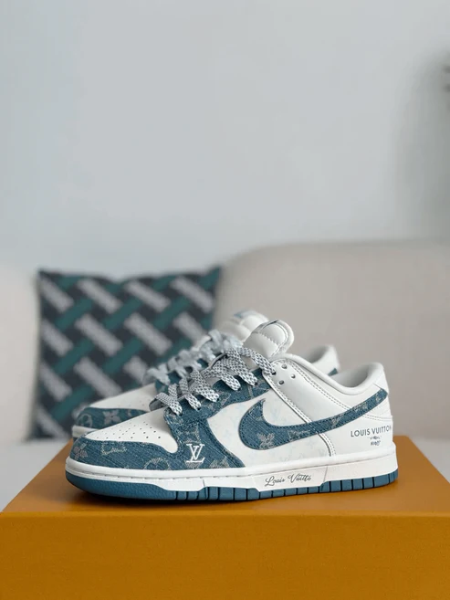Louis Vuitton LV x Nike SB Dunk Low White Blue Denim Monogram Sneaker