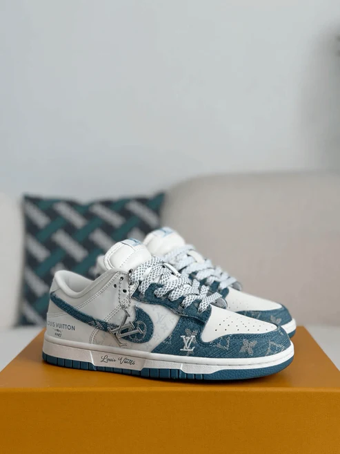 Louis Vuitton LV x Nike SB Dunk Low White Blue Denim Monogram Sneaker