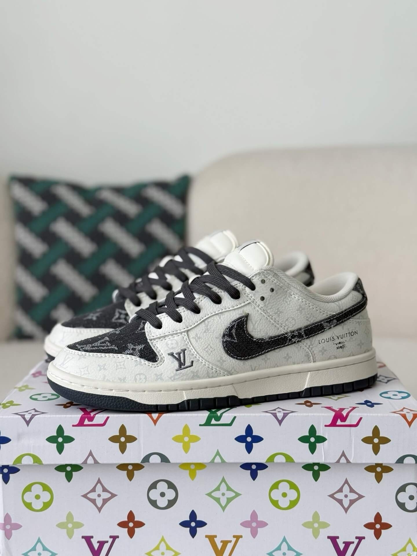 LV x Nike Dunk Low Sneaker in Black and White Monogram Canvas
