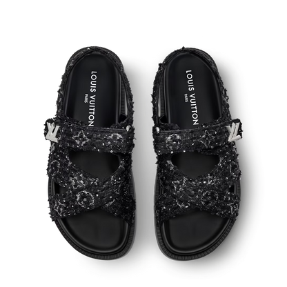 LV Sunset Flat Comfort Sandal Black Tweed Fabric