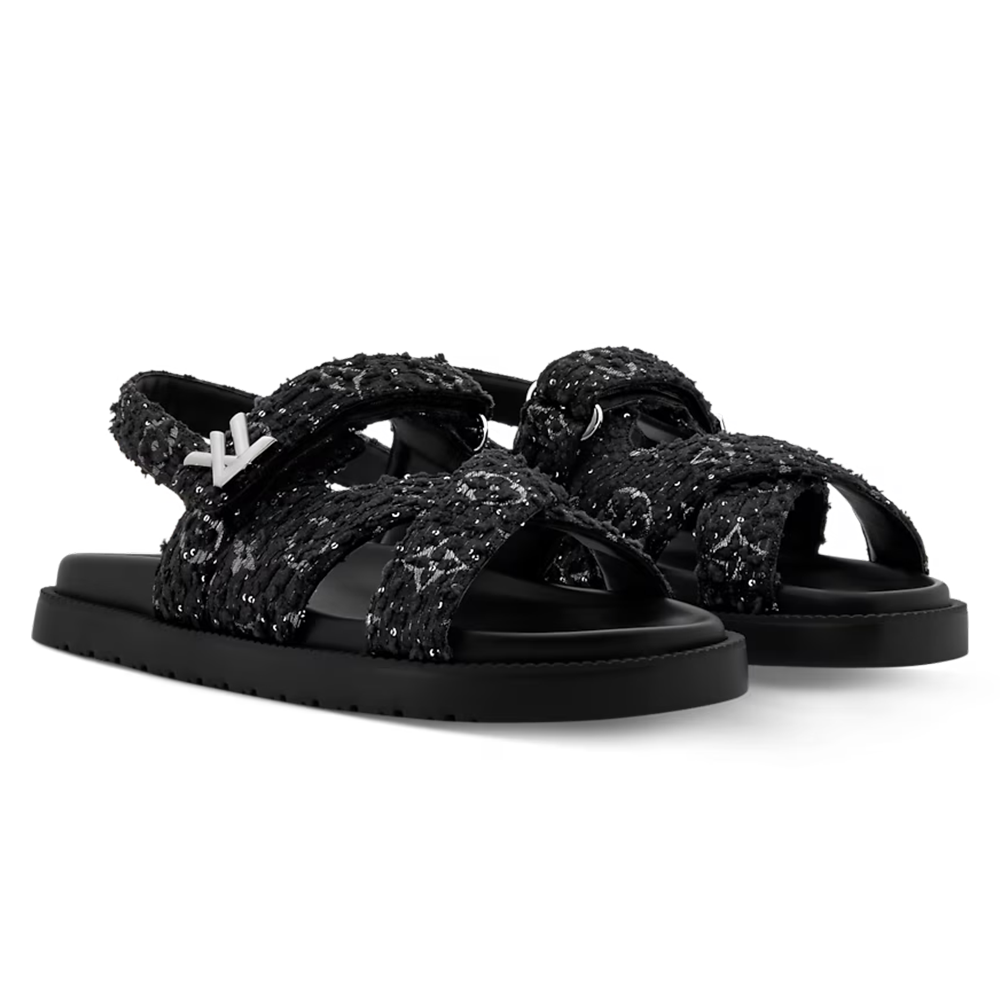 LV Sunset Flat Comfort Sandal Black Tweed Fabric