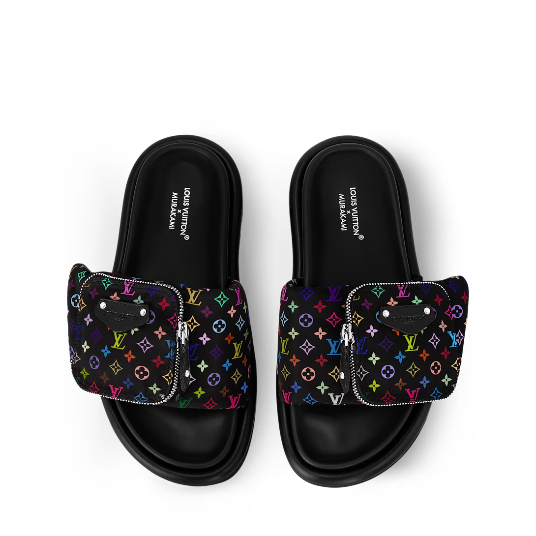 LV Pool Pillow Flat Comfort Mule  x "Takashi Murakami" Black Multicolor