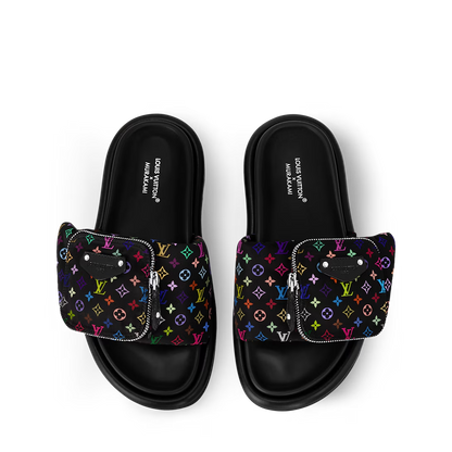 LV Pool Pillow Flat Comfort Mule  x "Takashi Murakami" Black Multicolor