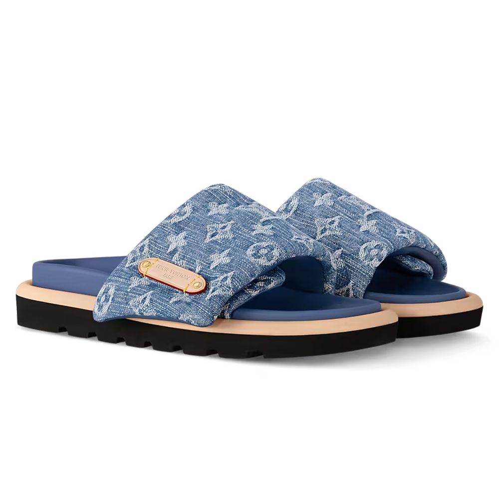 LV Pool Pillow Flat Comfort Mule Blue Denim