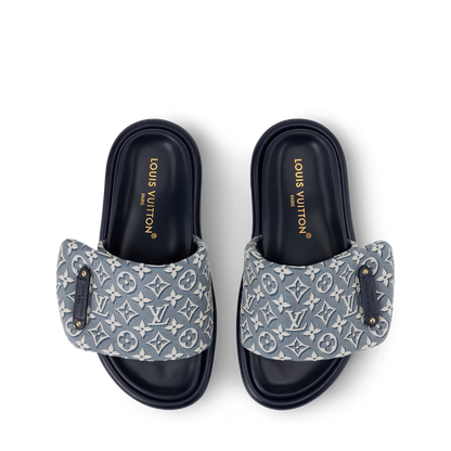 LV Pool Pillow Flat Comfort Mule Blue Jacquard