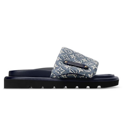 LV Pool Pillow Flat Comfort Mule Blue Jacquard