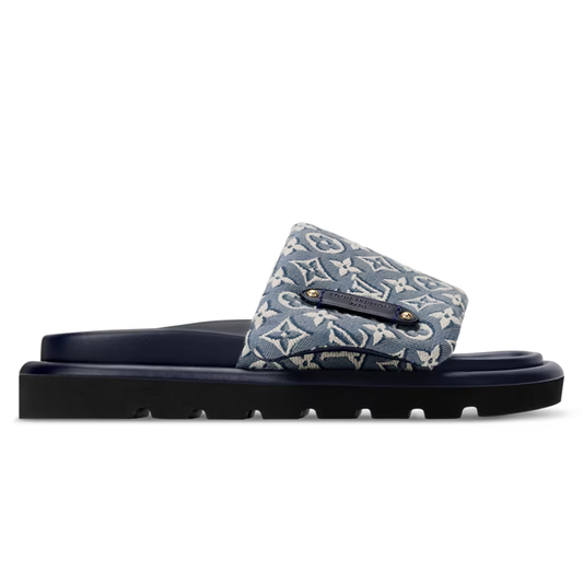 LV Pool Pillow Flat Comfort Mule Blue Jacquard