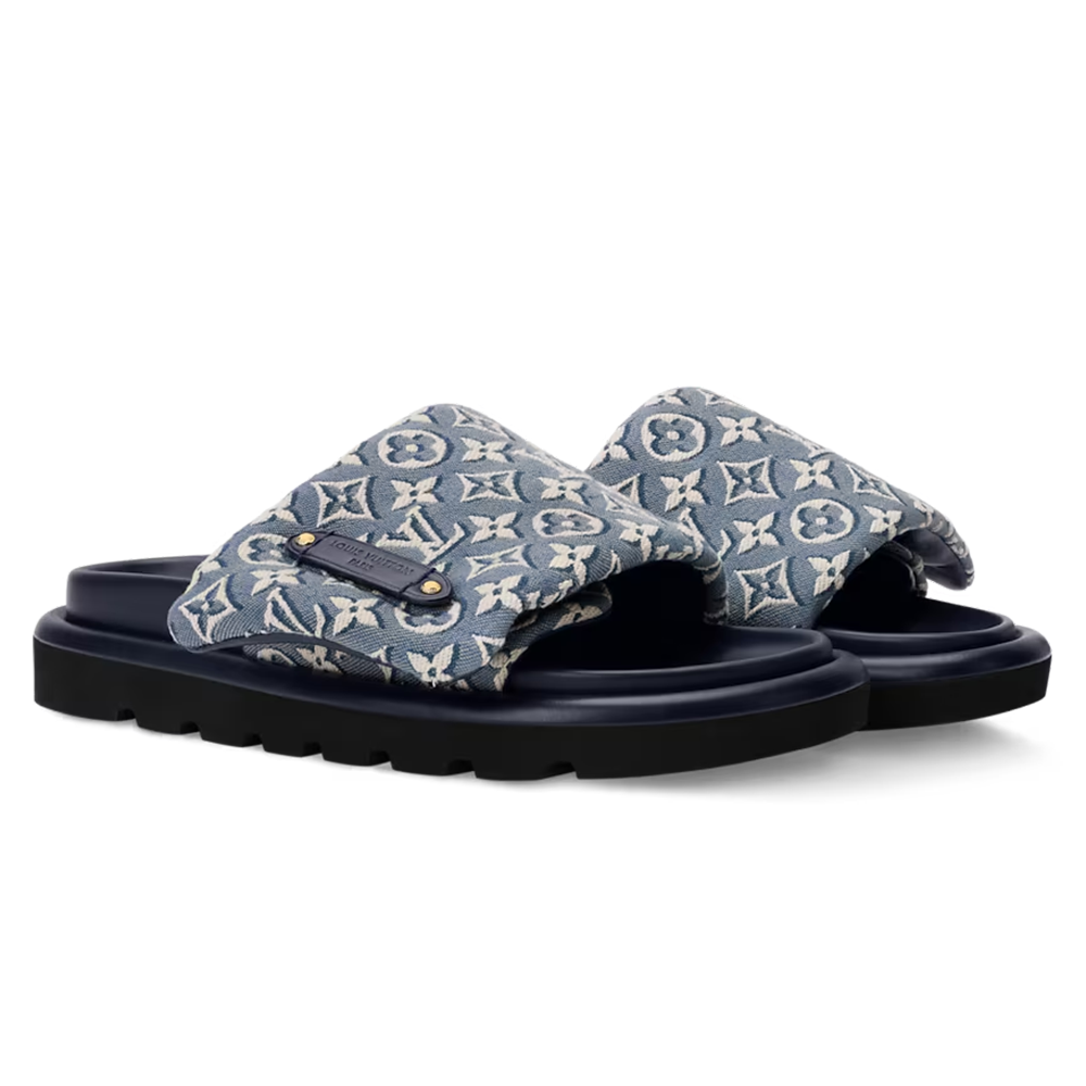 LV Pool Pillow Flat Comfort Mule Blue Jacquard